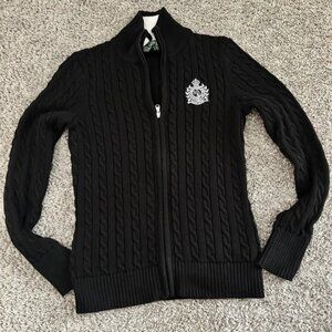 Ralph Lauren Black Cable Knit Full Zip Sweater Jacket RL Crest Logo vintage M
